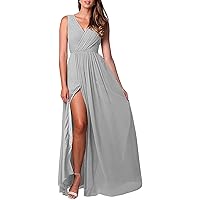 Long Chiffon Bridesmaid Dresses for Women V Neck Long Slit Pleated Formal Party Dress with Pockets ABC012