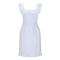 Hyzrz Retro Adjustable Ruffle Aprons with Pockets for Women Girls Vintage Cross Back Pinafore Dress Maid Costume Apron