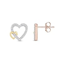 AFFY 1/3 Carat (Cttw) Round Cut White Natural Diamond Double Heart Stud Earrings In 14K Gold Over Sterling Silver Jewelry For Her (J-K Color, I2-I3 Clarity, 0.33 Cttw)