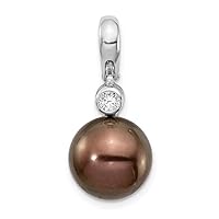14k White Gold 10 11mm Round Saltwater Cultured Tahitian Pearl .07ct Diamond Pendant Necklace Jewelry for Women