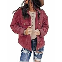 Womens Cropped Corduroy Jacket Shirt Button Down Shacket Vintage Solid Color Long Sleeve Coat with Flap Pocket