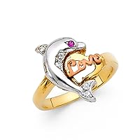 14k Yellow Gold White Gold and Rose Gold CZ Cubic Zirconia Simulated Diamond Fancy Dolphin Ring Size 7 Jewelry Gifts for Women