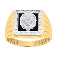 10k Two tone Gold Mens CZ Cubic Zirconia Simulated Diamond Leo/lion Head Animal Black Enamel Square Zodiac Sign/wildlife Ring Measures 14mm Long Jewelry Gifts for Men