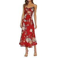 Womens 2023 Summer Floral Print Spaghetti Strap Side Split Dress