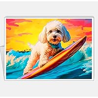 Assortment All Occasion Greeting Cards, Matte White, Dogs Surfers Pop Art, (4 Cards) Size A5-148 x 210 mm - 5.8 x 8.3 in #7 (Maltese Dog Surfer 2)