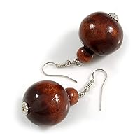 Brown Wood Bead Drop Earrings - 50mm Long
