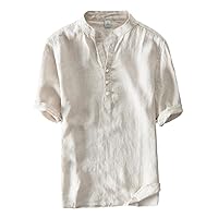 HAN HONG Linen Shirts Men Pullover Short Sleeve Mandarin Collars Casual Shirt Man Summer Blouse Male