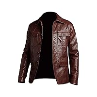 Men Leather Jacket | Vintage Four Pocket Leather Jacket | Shirt Collar Five Buttons Mens Genuine Leather Jacket