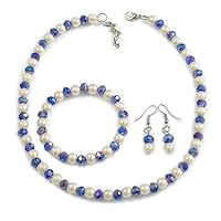 Avalaya 8mm/Blue Glass Bead and White Faux Pearl Necklace/Flex Bracelet/Drop Earrings Set - 43cm L/4cm Ext
