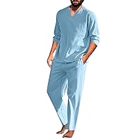 Mens Pants Sets 2 Piece Outfits Long Sleeve Shirts and Trousers Set Casual Beach Outfit Comfort Linen Lounge Suit