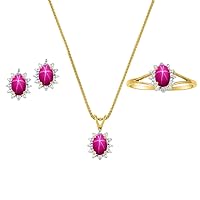 Rylos Matching Jewelry For Women 14K Yellow Gold - Diamond & Star Ruby- Ring, Earring & Pendant Necklace 6X4MM Color Stone Gemstone Jewelry For Women Gold Jewelry