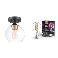 Globe Electric 60333 Harrow Matte Black Semi-Flush Mount Light with Clear Glass Shade + 35847 Wi-Fi Smart 7W (60W Equivalent) Multicolor Changing RGB Tunable White Clear LED Light Bulb, ST19 Shape