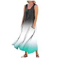 Linen Dress for Women Summer Printed Sleeveless Long Dress Casual Tank Dress Flowy Maxi Dresses with Pockets