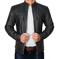 LP-FACON Mens Cafe Racer Lambskin Leather Jacket - Distressed Motorcycle Jacket Men - Vintage Quilted Genuine Leather Jacket