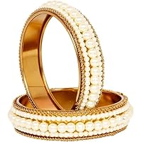 SANARA Indian Style Bollywood Traditional Gold Tone Faux Pearl Wedding Bracelet Bangle Set Jewelry 2 PCS Size 2.4 2.6 2.8 2.10 Available