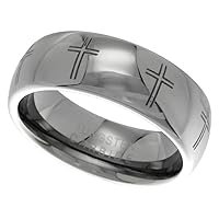 Tungsten Carbide 8mm Domed Cross Wedding Ring Laser Etched Perfectly Polished, Sizes 9-12