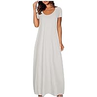 Women Short Sleeve Loose Plain Casual Long Maxi Dresses with Pockets B-Gray