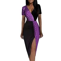 Ladies Sexy Cocktail Party Colorblock Sequined Waist Dress Cocktail Dress Long Silk Dress for Women