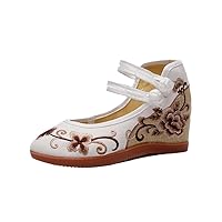 Women Embroidered Cotton Fabric Shoes Female Ethnic Ankle Strap Wedge Pumps Vintage Dance Shoes with Buttons White 8