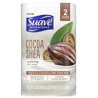 Suave Essentials Cocoa Shea Calming Bar Soap, 2 count bars, (3 pack)