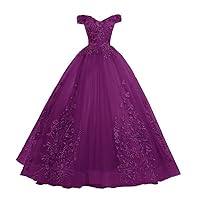 Women's Long Fluffy Quinceanera Dress Off Shoulder Wedding Gown Dresses Purple