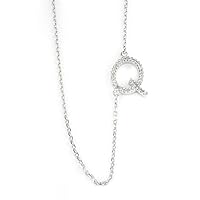 925 Sterling Silver Initial Q Round Cut Prong Set 0.10 dwt Diamond Necklace