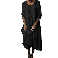 Women's Half Sleeve Cotton Linen Dress Casual Loose Plus Size Beach Dress Round Neck Solid Plain Dress with Pockets