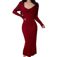 French Elasticity Knitting Dress Autumn Winter Long Sleeve Low Cut Women Slim Bodycon Party Dresses
