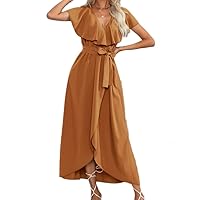 Fashion Ruffled V-Neck Slim Long Dress Summer Beach Casual Streetwear Style (as1, Alpha, s, Regular, Regular, Khaki)