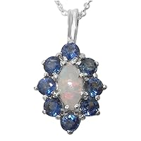 Luxury Ladies Solid 925 Sterling Silver Natural Opal & Blue Sapphire Cluster Pendant Necklace