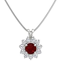 Beautiful Round Shape Created Ruby & Cubic Zirconia 925 Sterling Sliver Halo Cluster Pendant Necklace for Women's,Girls 14K White/Yellow/Rose Gold Plated