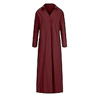 Women Casual Loose Bohemian Linen Dress Plus Size Long Sleeve V Neck Flowy Maxi Sundress Summer Beach Swing Dresses