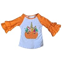 Little Girls Kids Unicorn Halloween Pumpkin Raglan Ruffle Shirt Top Tee T-Shirt