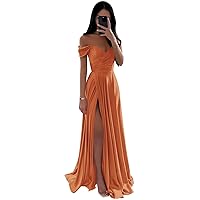 Satin Off Shoulder Prom Dresses Long Ruched A Line Formal Evening Party Gowns with Slit for Women