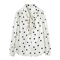 Women Mulberry Silk Dots Shirts Bow Collar Chic Shirt Office Lady Printed Top Long Sleeve Shirt