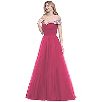 MllesReve Tulle Formal Dresses Long Floor Length Off The Shoulder Crystal Beaded Maxi Prom Dresses
