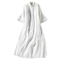 Everyday Dress Silk Organdy Embroidery Midi Modified Cheongsam Middle Sleeve Mock Neck 2102XL White