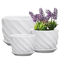Set of 3 Ceramic Plant Pot - Flower Plant Pots Indoor with Saucers,Small to Medium Sized Round Modern Ceramic Garden Flower Pots (White)