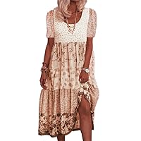 Womens Short Sleeve Boho Floral Dresses 2024 Summer Casual Loose Midi Dress Flowy Beach Boho Sundress