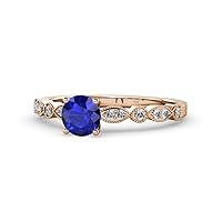 0.87 ctw Blue Sapphire (5.80 mm) with accented Diamonds Women Engagement Ring with Milgrain work in 14K Gold