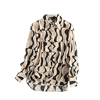 Spring Summer Fashion Long Sleeve Geometric Printed Lapel Shirt Women Simple Blouses Casual Tops Female
