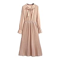 Women's Summer Dress Korean Version Casual Versatile Dress Temperament Medium Length Bow V-Neck Pleated Skirt