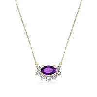Oval Amethyst & Round Natural Diamond 3/8 ctw Women Pendant Necklace. Included 16 Inches Chain 14K Gold