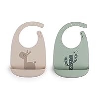 Silicone Bib 2-Pack Lalee Sand/Green - Waterproof, Adjustable Neck Strap, Large Pocket, Easy to Clean, Food Grade Silicone, Fun Deer and Cactus Design for Kids