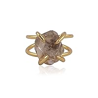 Gold Plated Prong Setting Ring Raw Herkimer Diamond Gemstone Brass Band Design Lightweight Adjustable Rings Jewelry EJ-1730-4