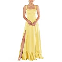 Satin Bridesmaid Dresses with Slit Spaghetti Straps Ruffles Wedding Guest Dresses Sleevelss A Line Formal Party Gowns
