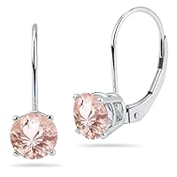 November Birthstone - Natural Morganite Round Lever Back Stud Earrings in 14K White Gold Available in 7mm - 8mm