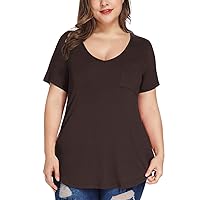 MONNURO Plus Size Tops for Women Casual V Neck Summer Short Sleeve T Shirts with Pocket