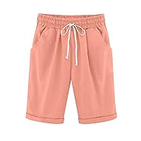Cotton Linen Bermuda Shorts for Womens Drawstring Elastic High Waisted Shorts Summer Casual Loose Fit Shorts with Pockets