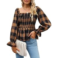Women's Square Neck Long Sleeve Plaid Top Ruffle Layered Pleated Pullover Tops